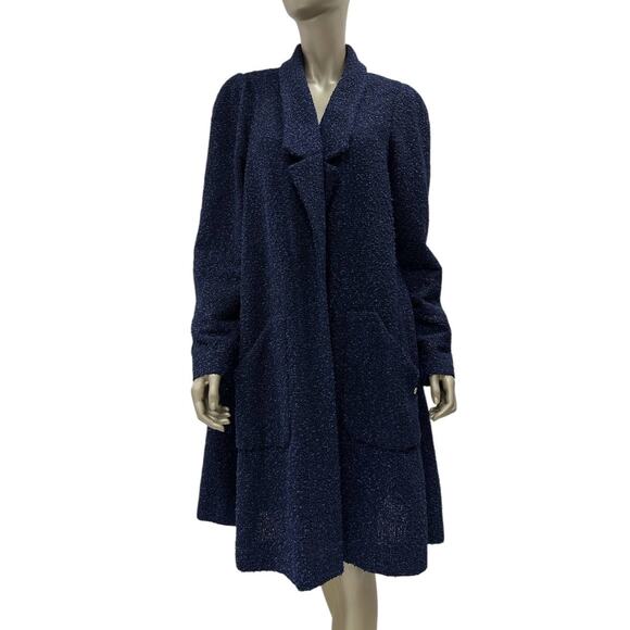 Elegant Chanel Navy Blue Tweed Mid-Length Coat - Size 50 - Picture 1 of 8